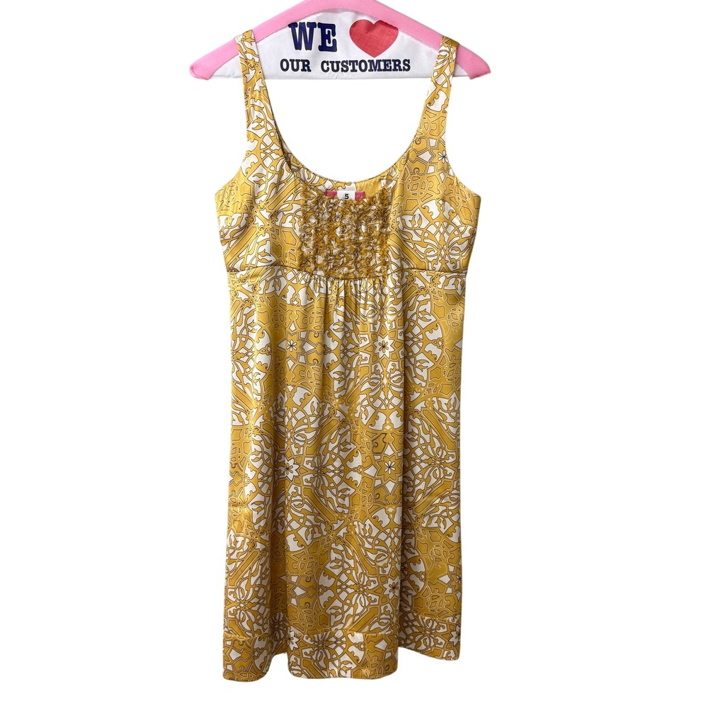 Charlotte Tarantola Womens Silk Fringed Bib Dress Size Small Yellow Medallion